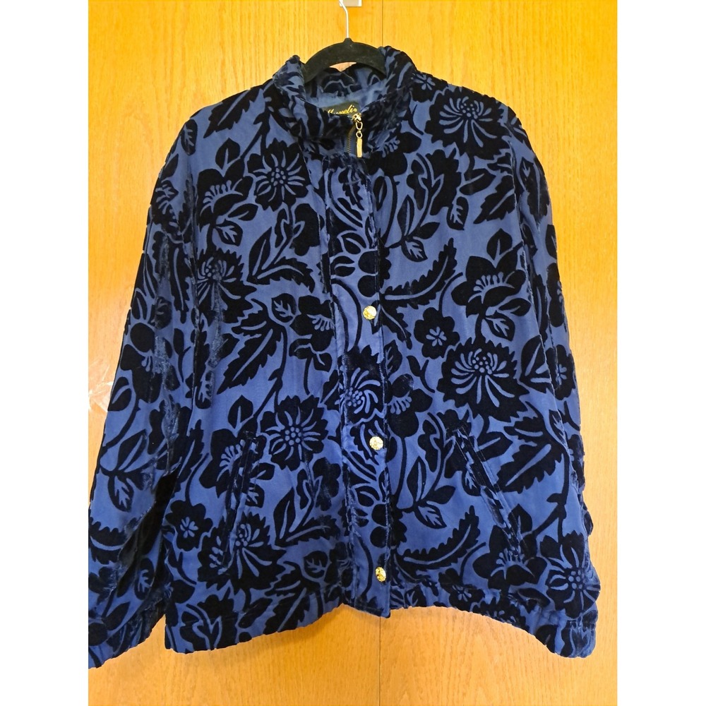 Mureli Women's Large Blue Velvet Flocked Floral Jacket Lined Full Zip VTG Style